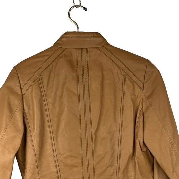 BOSTON PROPER LEATHER ASYMMETRIC ZIPPER STAND COLLAR TAN MOTO JACKET - Picture 8 of 15